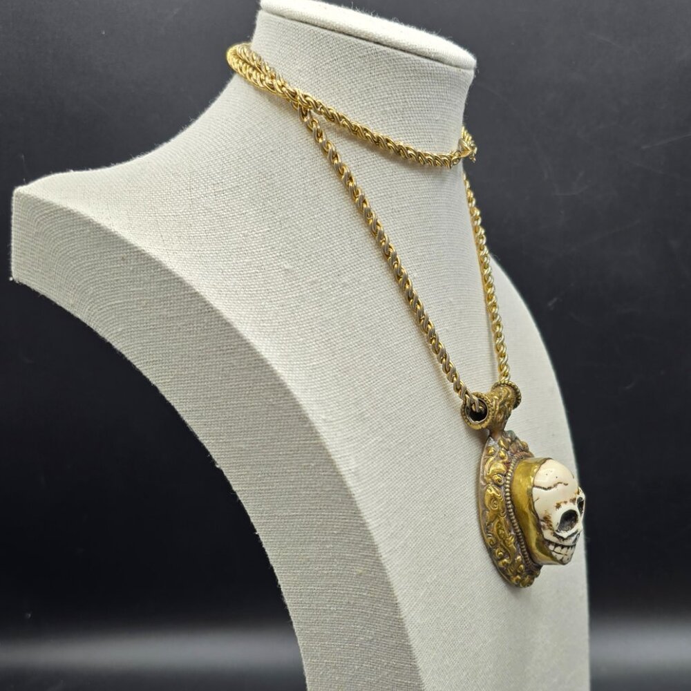 Brass Slider Pendant w Raised Resin Skull & Flower and Fish Motif on 24" Chain - Picture 2 of 10